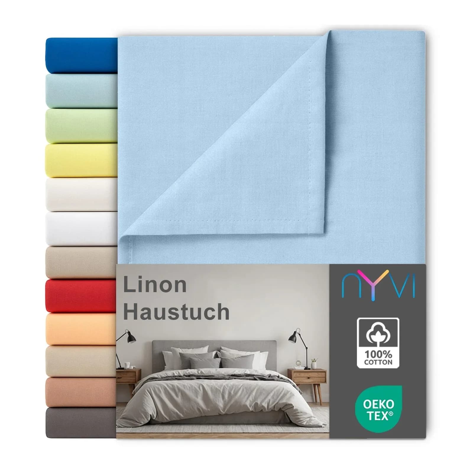 NYVI Linon Deluxe Bettlaken ohne Gummizug aus 100% atmungsaktiver Baumwolle Hellblau 150x250 cm