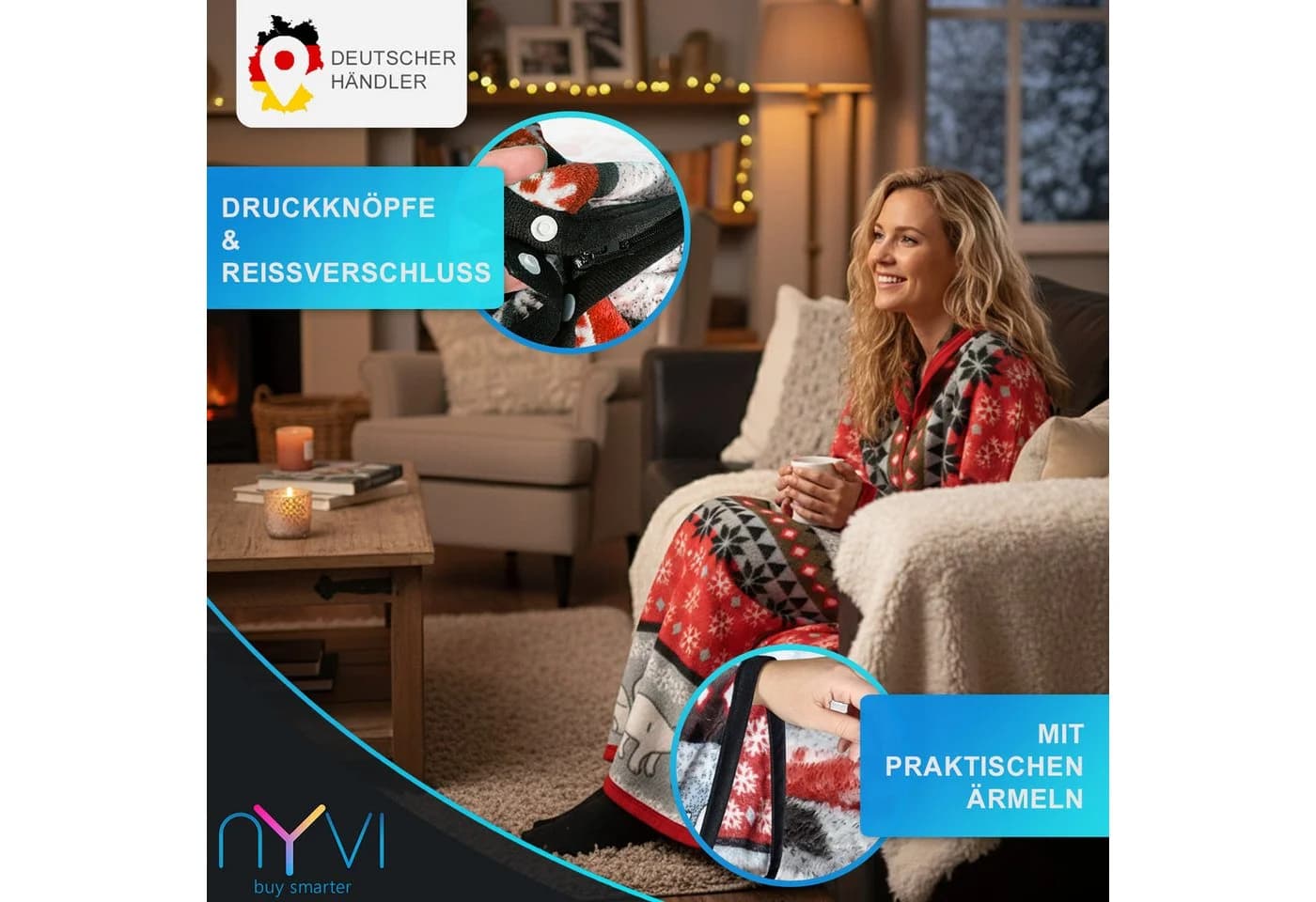 NYVI Ärmeldecke CozyBear Kuscheldecke mit Ärmeln TV-Blanket Rot