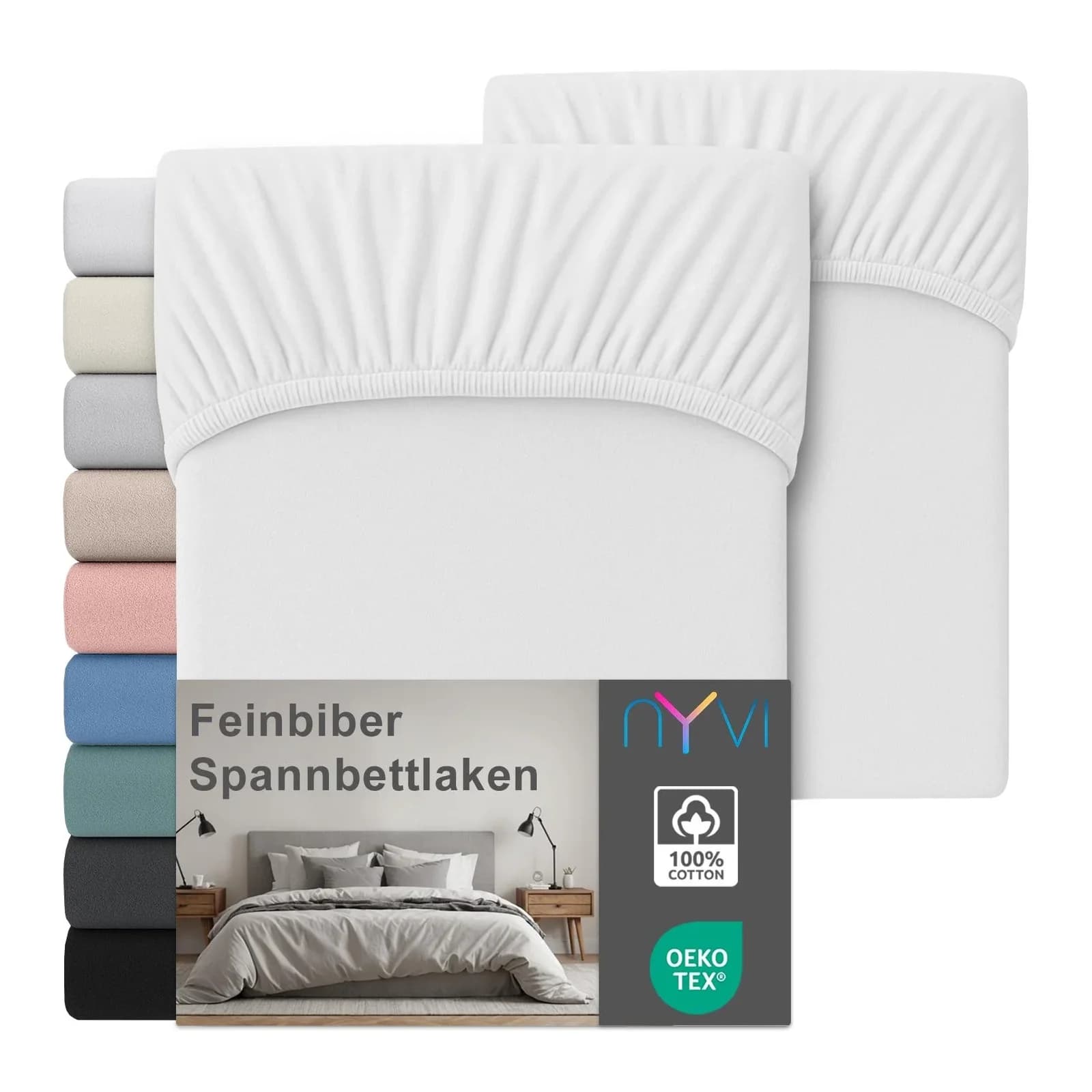 NYVI Feinbiber Spannbettlaken Deluxe 100% Baumwolle Bügelfrei Vorgekrumpft Weiß 90x200 cm 2er Set