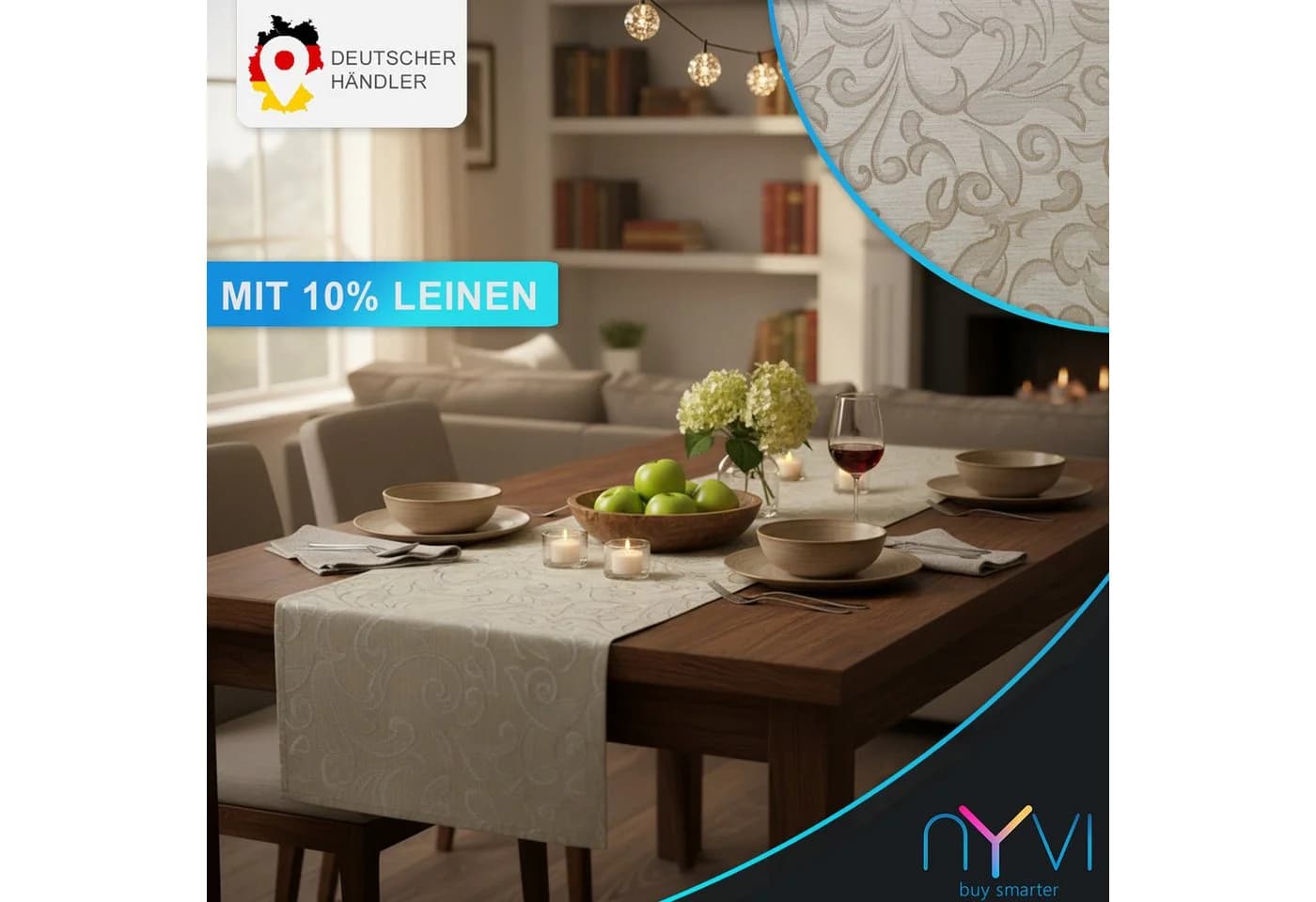 NYVI Tischdecke Elegance Leinenoptik Ecru Ornamente - Bild 3