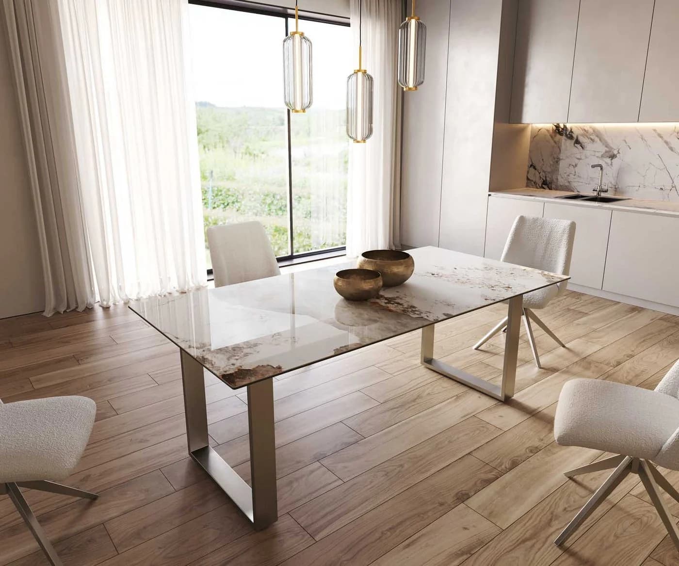 DELIFE Esstisch Edge Keramik Minas Melange Weiß-Beige Edelstahl