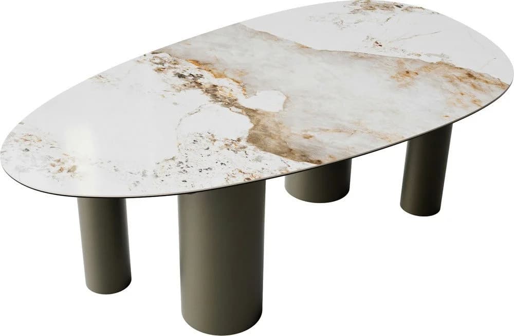 DELIFE Esstisch Edge Oval Keramik Weiß-Beige Titan-Look