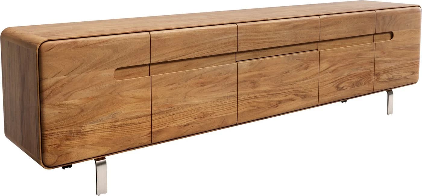 DELIFE Lowboard Anaya Akazie Natur 220 cm 4 Türen 2 Schubladen L-Fuß Edelstahl