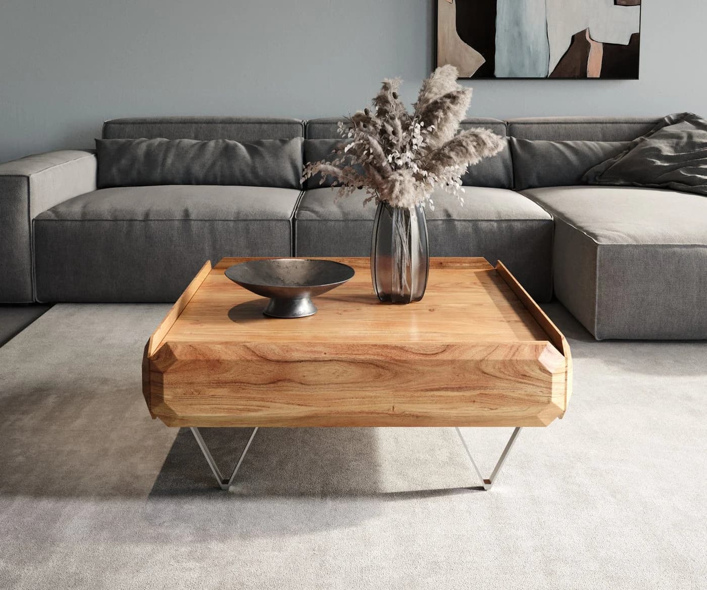 DELIFE Couchtisch Kiano Akazie Natur 2 Schubladen V-Fuß Edelstahl - Bild 3