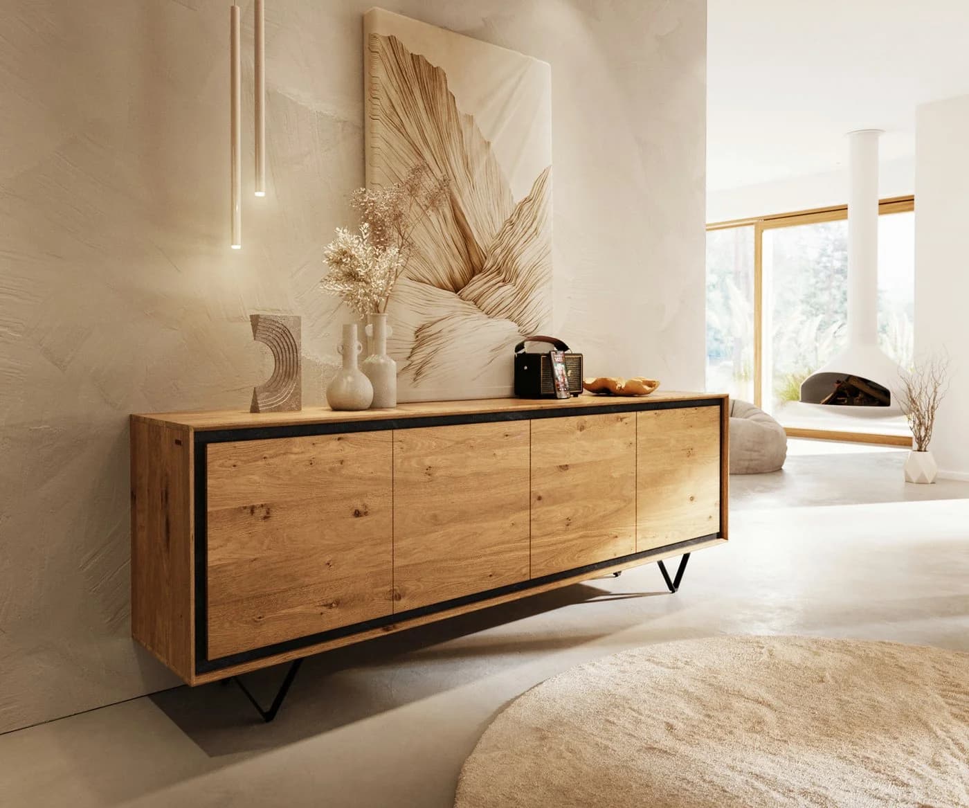 DELIFE Sideboard Stonegrace Eiche Natur Schwarz 4 Türen Steinfurnier - Bild 2