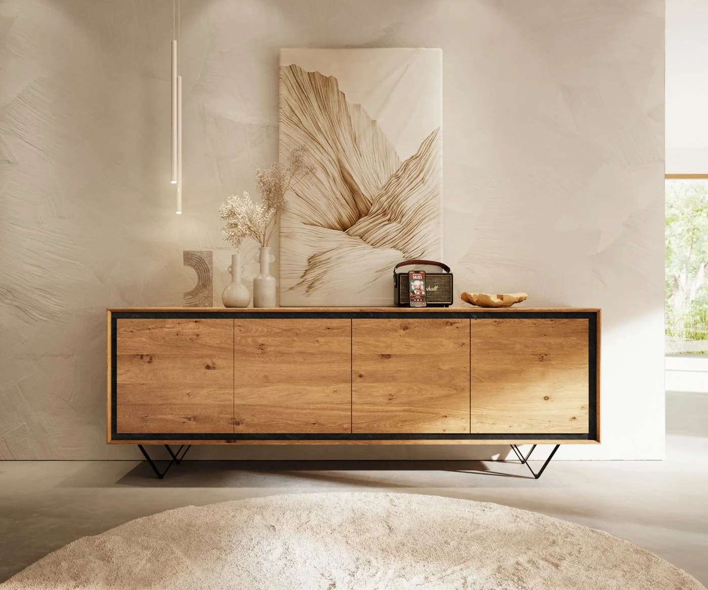 DELIFE Sideboard Stonegrace Eiche Natur Schwarz 4 Türen Steinfurnier - Bild 3