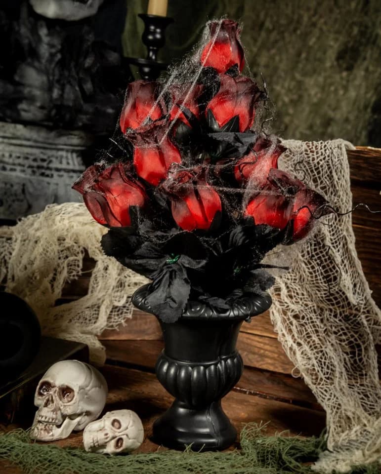 Horror-Shop Gothic Blumenvase mit verblühten Rosen & Spinnennetz Schwarz/Rot