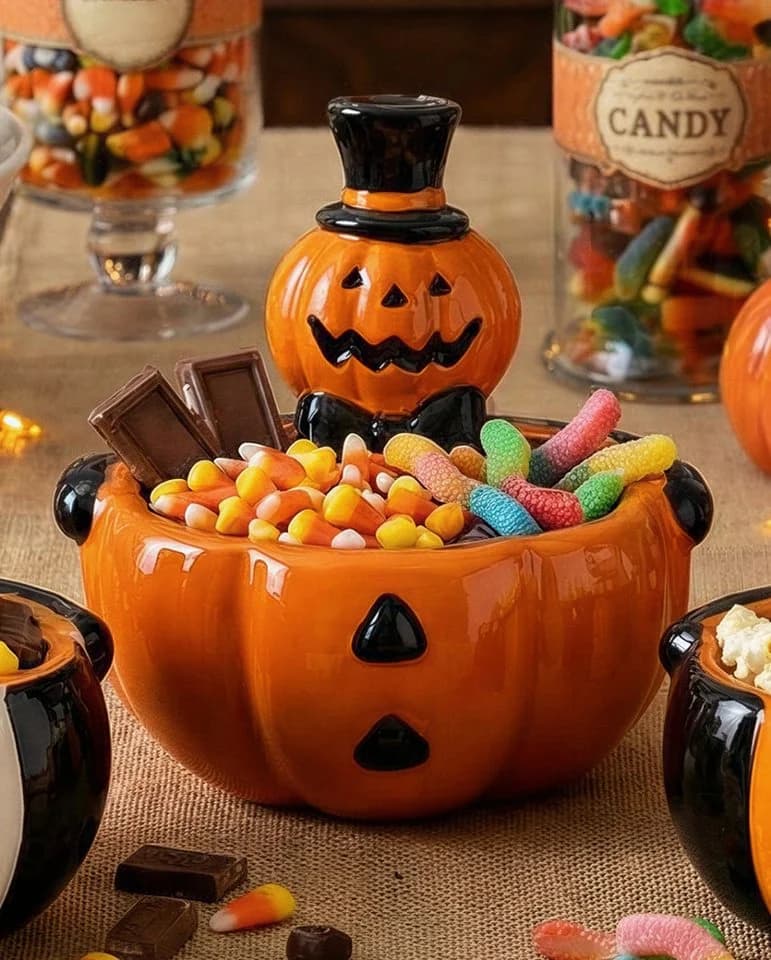 Horror-Shop Vintage Halloween Kürbis Süßigkeiten Schale Orange Schwarz