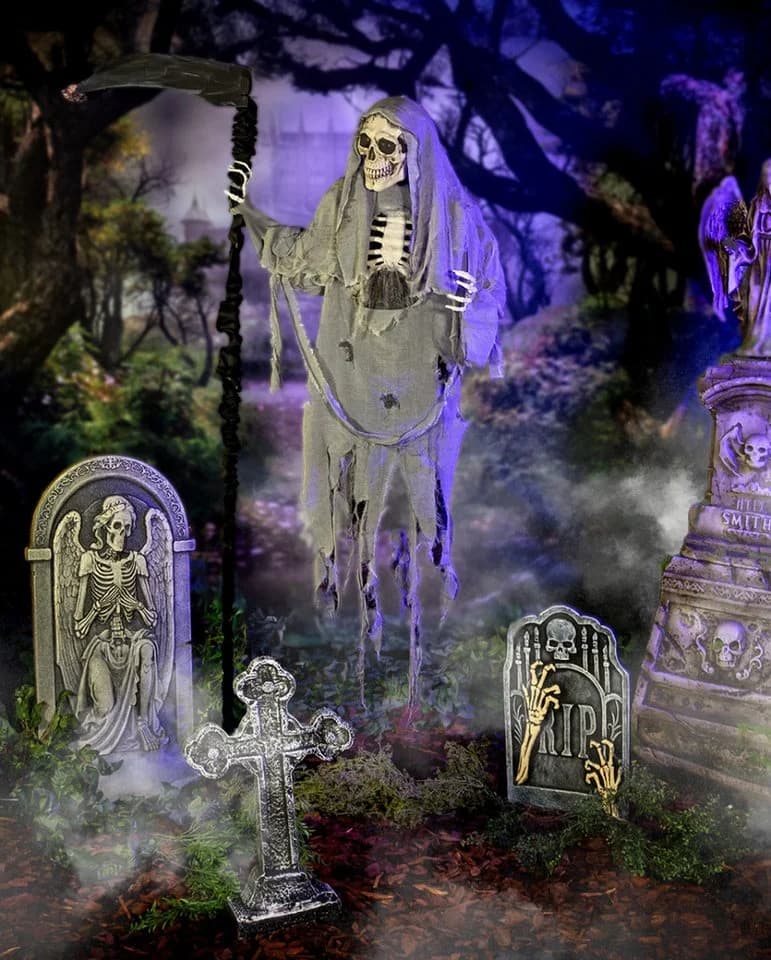Horror-Shop Animatronic Skelett Reaper Halloween Dekofigur Grau/Beige/Schwarz