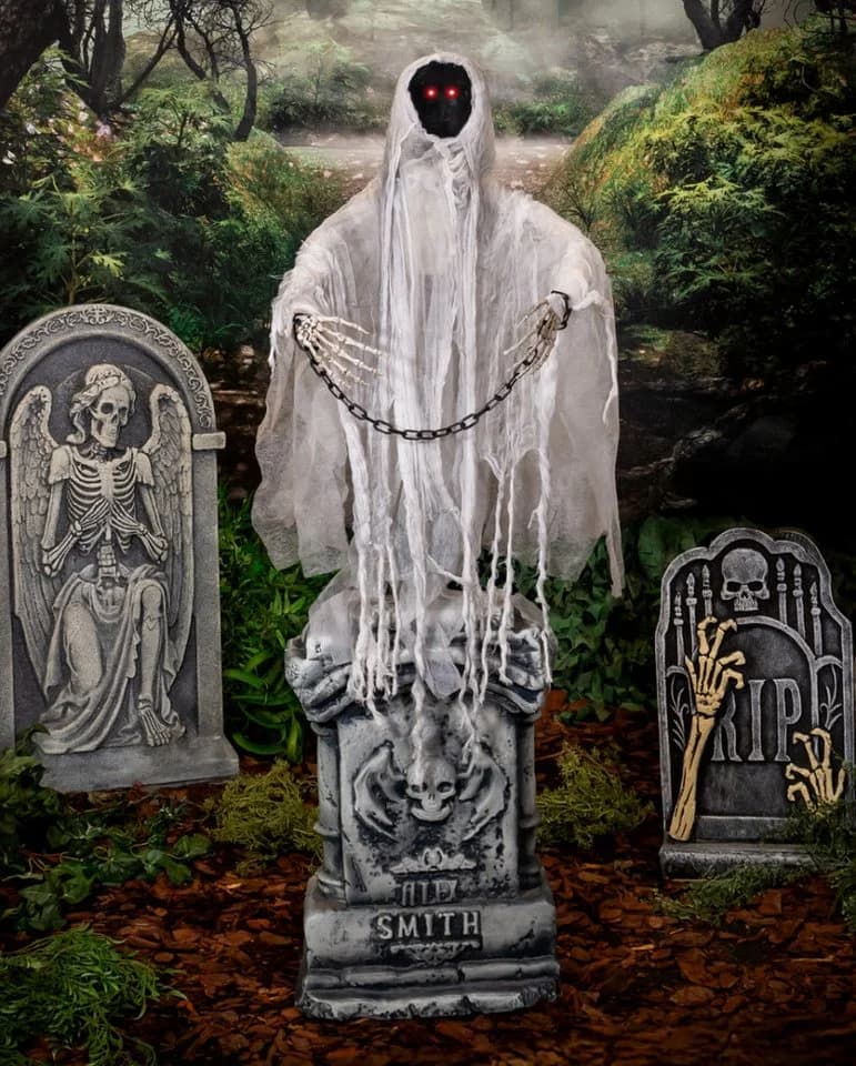 Horror-Shop Dekoobjekt Grabstein mit Kettengeist Halloween Animatronic 130cm