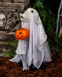 Halloween Skelett Geisterhund Deko mit leuchtendem Kürbis Bild 1
