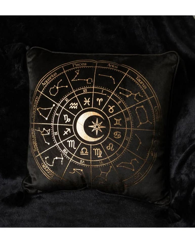Horror-Shop Dekokissen Astrology Wheel Schwarz Gold mit Quasten