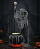 Horror-Shop Animatronic Skelett Warlock mit Kessel Schwarz/Grau/Beige/Rot Bild 1