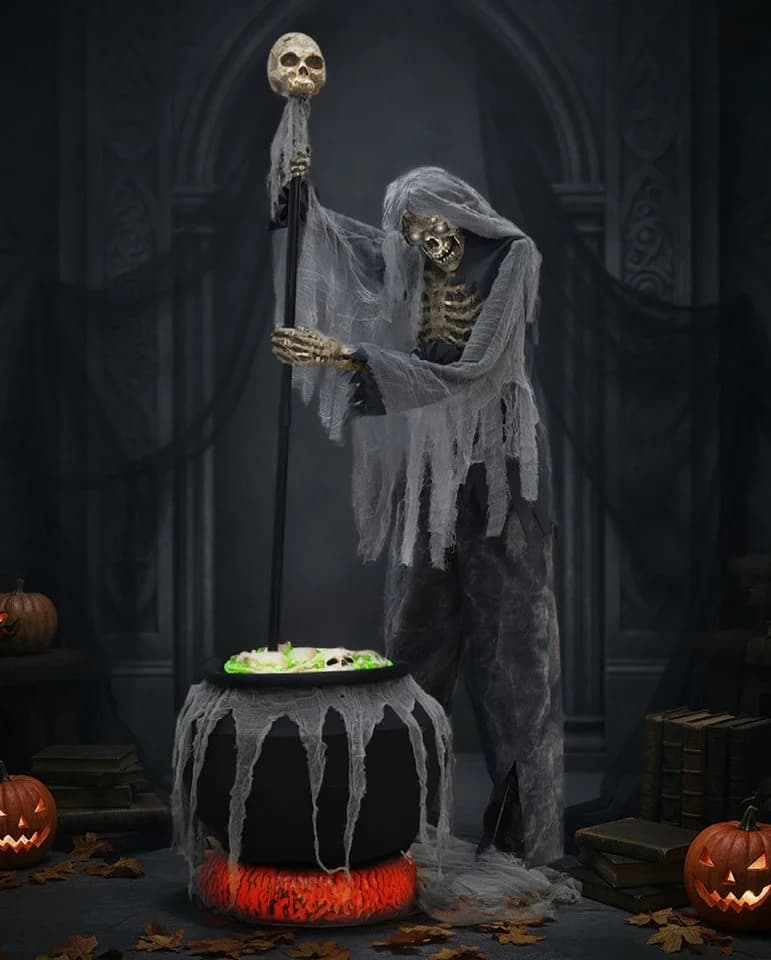 Horror-Shop Animatronic Skelett Warlock mit Kessel Schwarz/Grau/Beige/Rot
