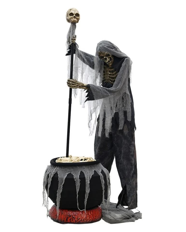 Horror-Shop Animatronic Skelett Warlock mit Kessel Schwarz/Grau/Beige/Rot - Bild 2