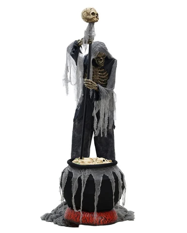 Horror-Shop Animatronic Skelett Warlock mit Kessel Schwarz/Grau/Beige/Rot - Bild 3