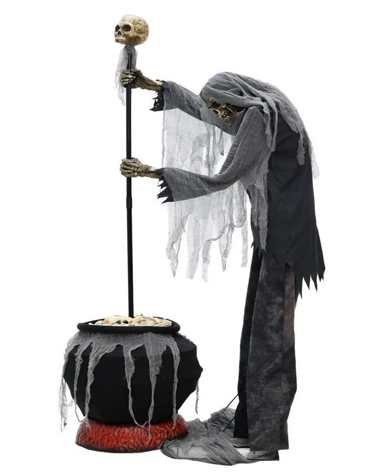 Horror-Shop Animatronic Skelett Warlock mit Kessel Schwarz/Grau/Beige/Rot - Bild 5
