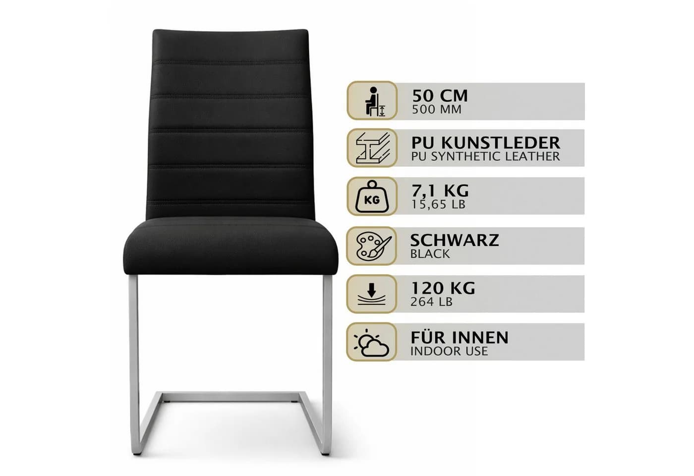HAGO Esszimmerstuhl 2er Set Schwarz Freischwinger PU-Kunstleder