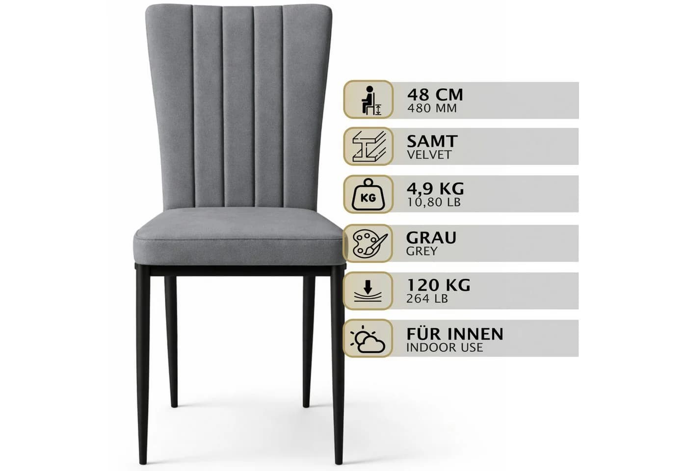 HAGO Esszimmerstuhl 4er Set Grau Samt Hochlehner - Bild 3