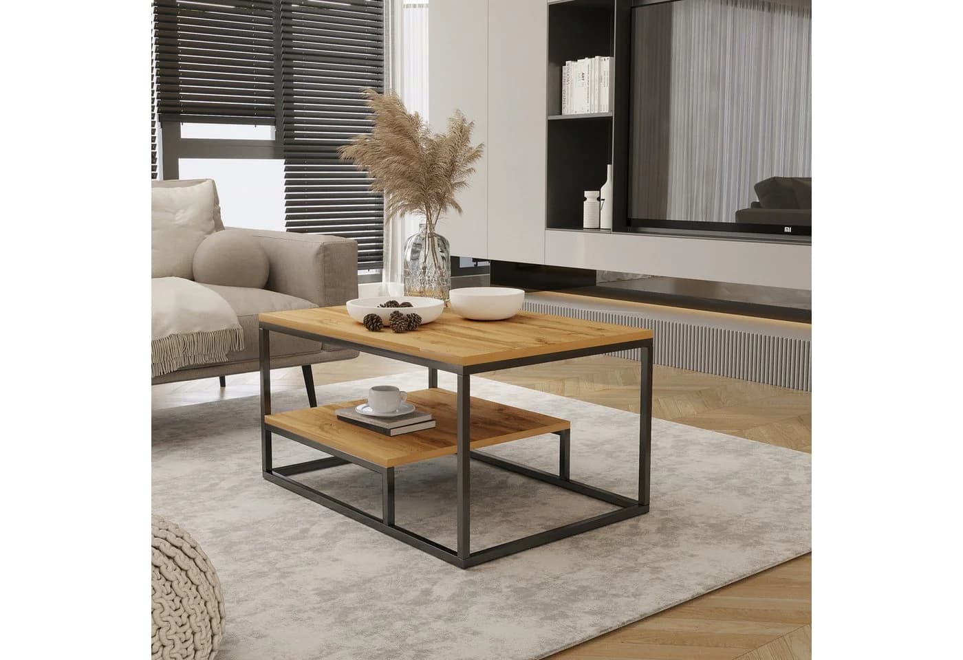 Design Möbel Couchtisch Moderner mit Ablage Stahlgestell Eiche Wotan - Bild 2