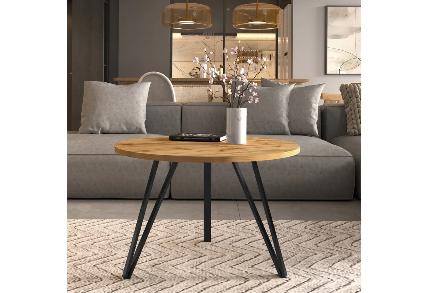 Design Möbel Runder Couchtisch Modern Beige Metallgestell - Bild 2