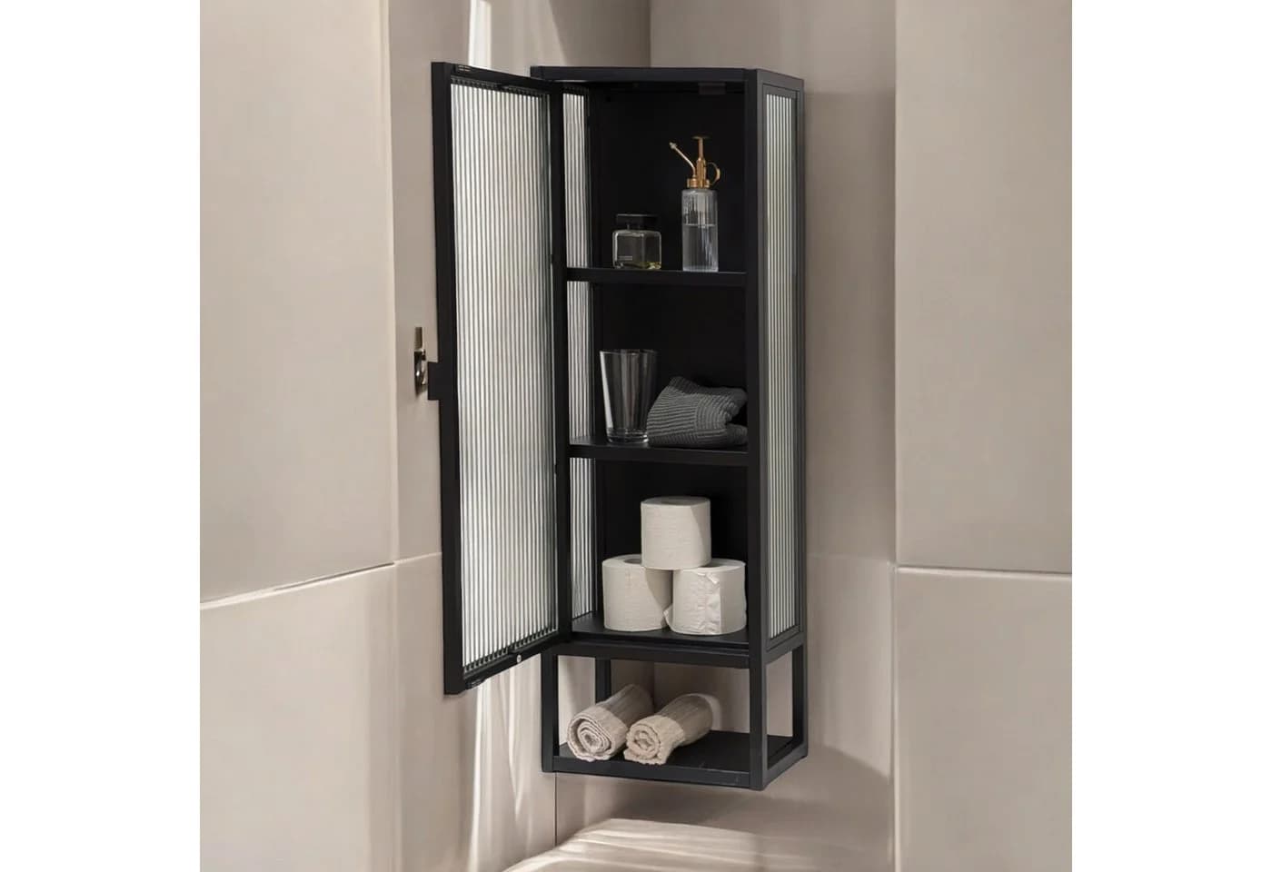 osoltus Wandschrank Riffelglas Stahl Regal cube Schwarz Industrial
