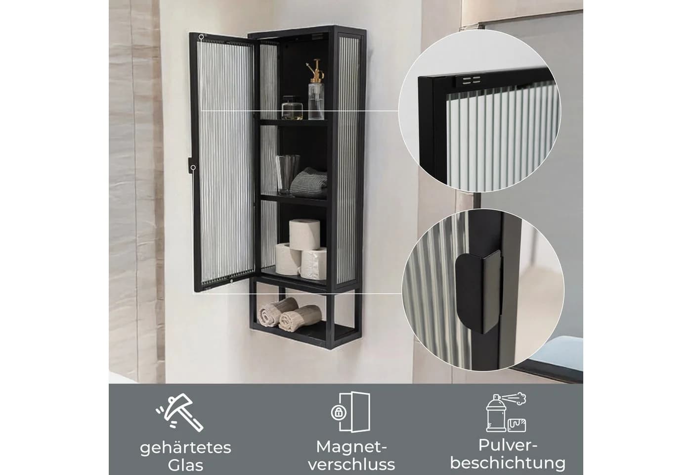 osoltus Wandschrank Riffelglas Stahl Regal cube Schwarz Industrial - Bild 4