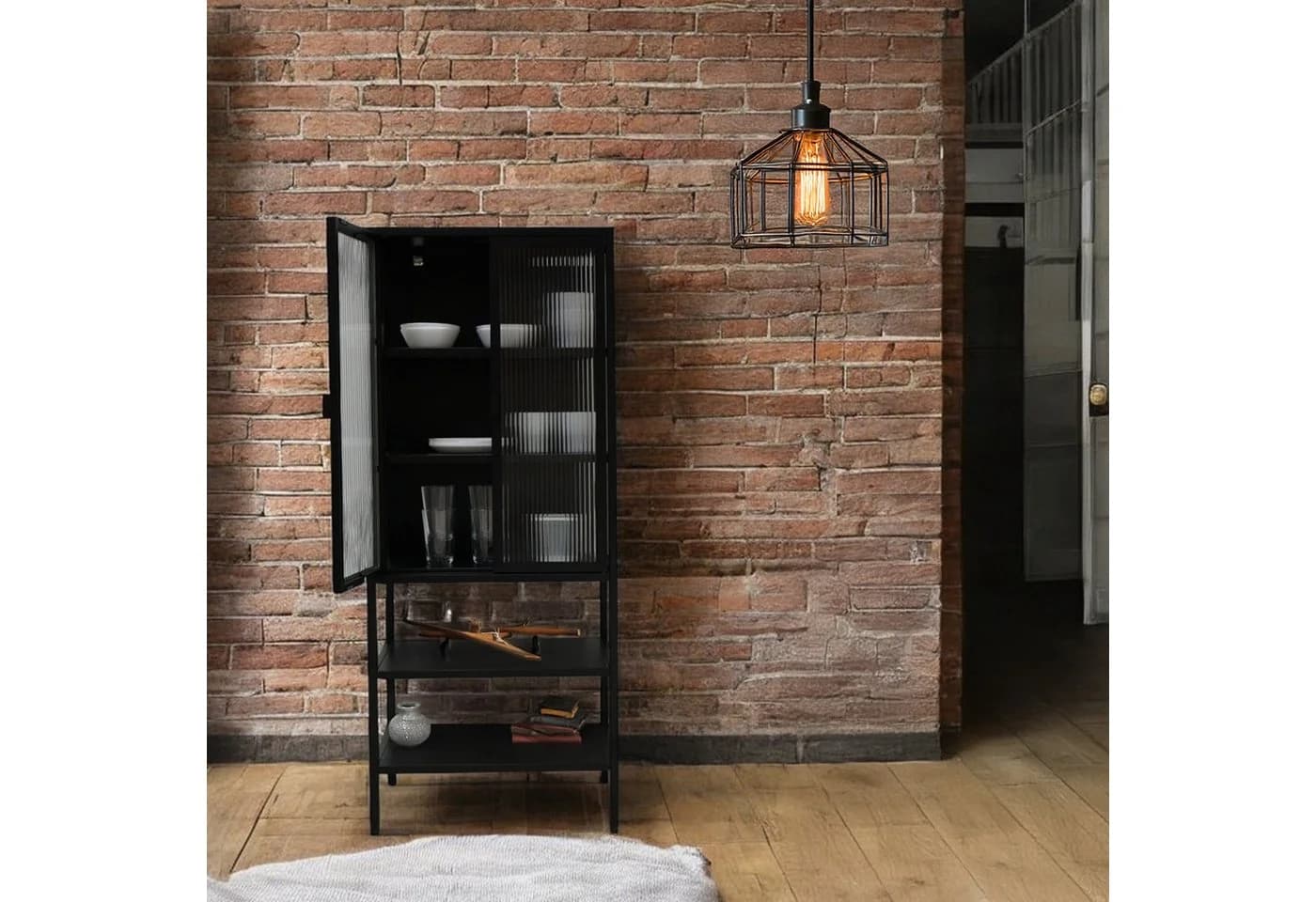 osoltus Cube Vitrine Schrank Riffelglas Stahl Schwarz Industrial