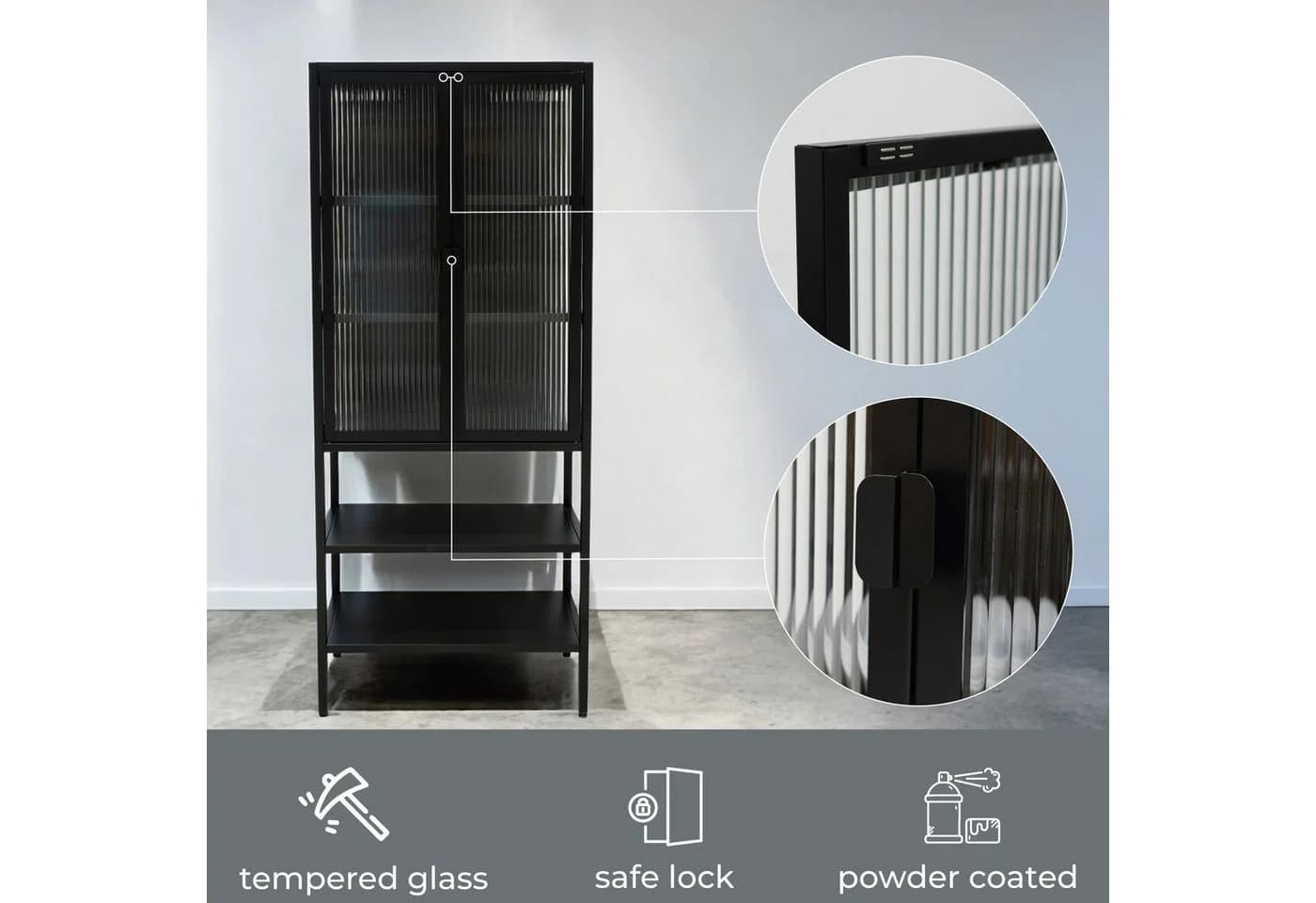 osoltus Cube Vitrine Schrank Riffelglas Stahl Schwarz Industrial - Bild 5
