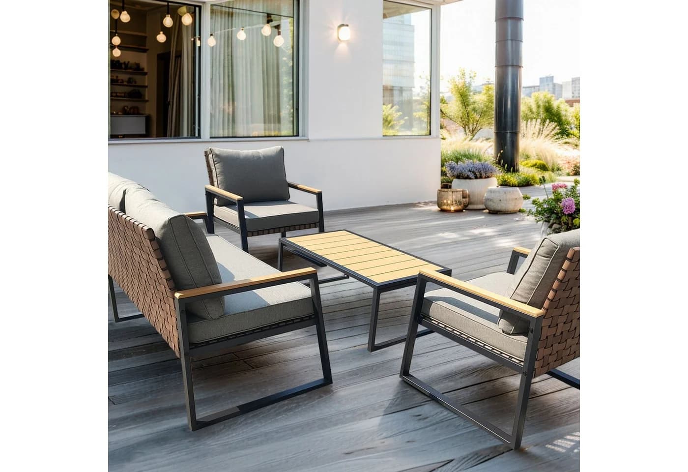 osoltus Garten-Lounge-Set 4-tlg. Schwarz/Taupe Stahl & Kunststoff-Holz