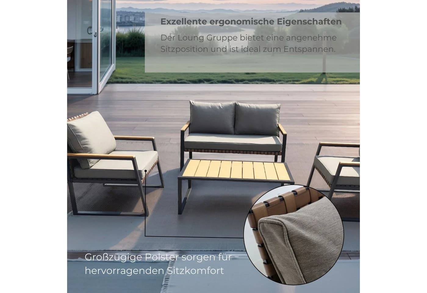 osoltus Garten-Lounge-Set 4-tlg. Schwarz/Taupe Stahl & Kunststoff-Holz - Bild 4