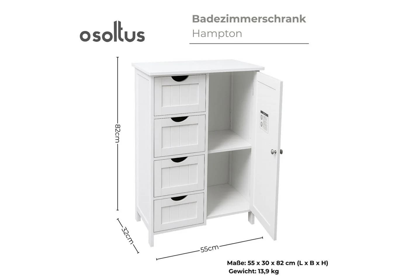 osoltus Badezimmerschrank Beistellschrank Hampton 55 x 30 x 82 cm Weiß - Bild 3