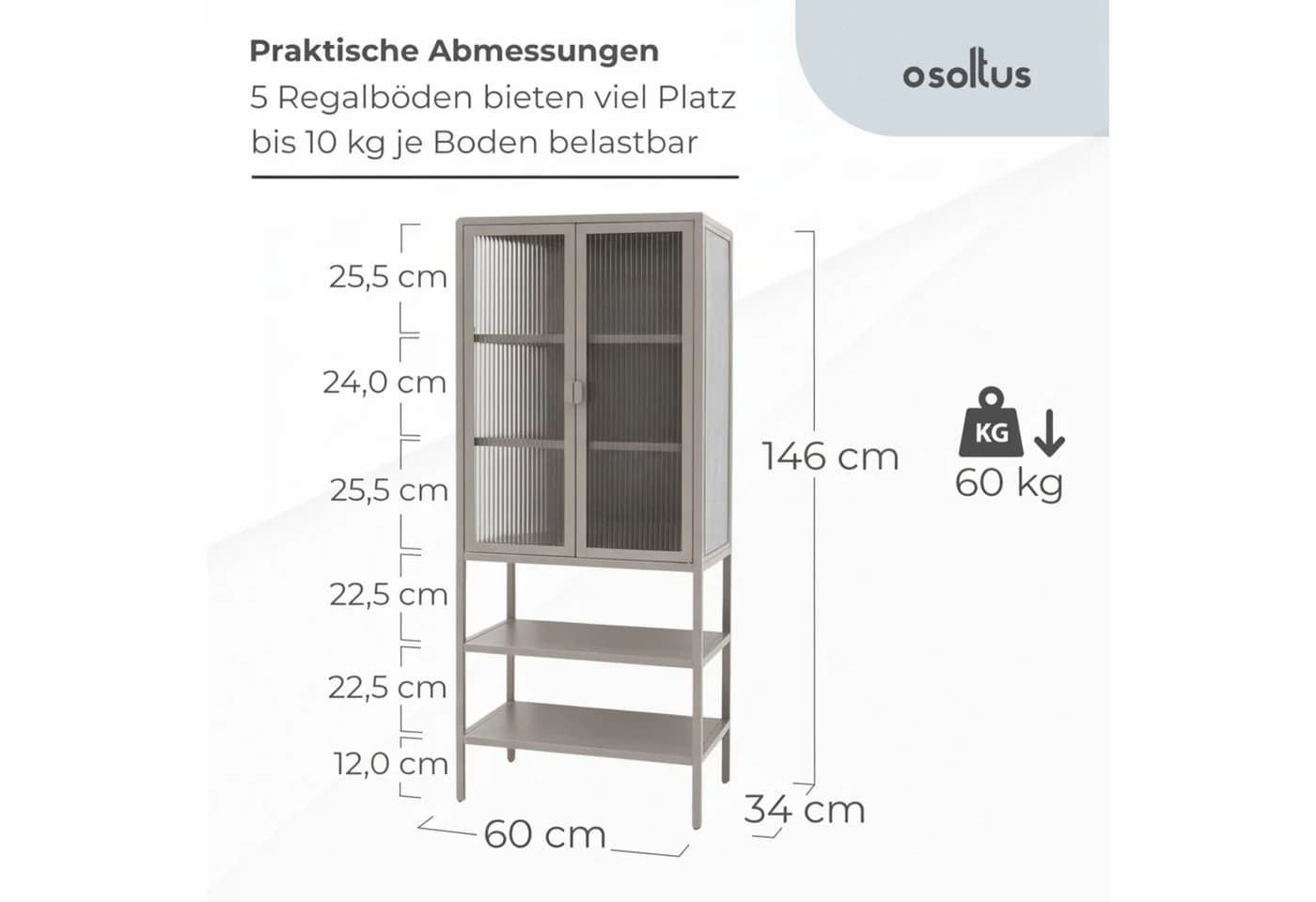 osoltus Vitrine Schrank Riffelglas Stahl Warm Grey Industrial - Bild 3