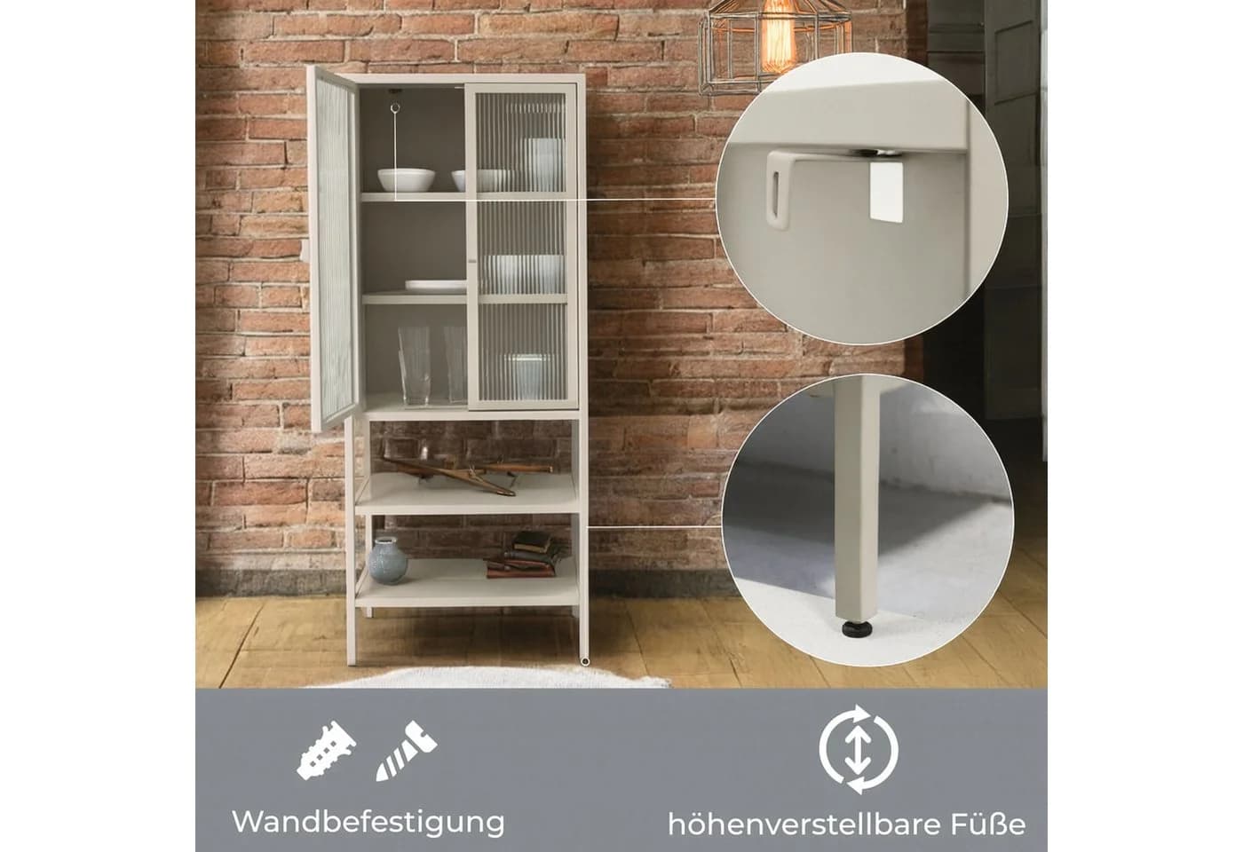 osoltus Vitrine Schrank Riffelglas Stahl Warm Grey Industrial - Bild 4
