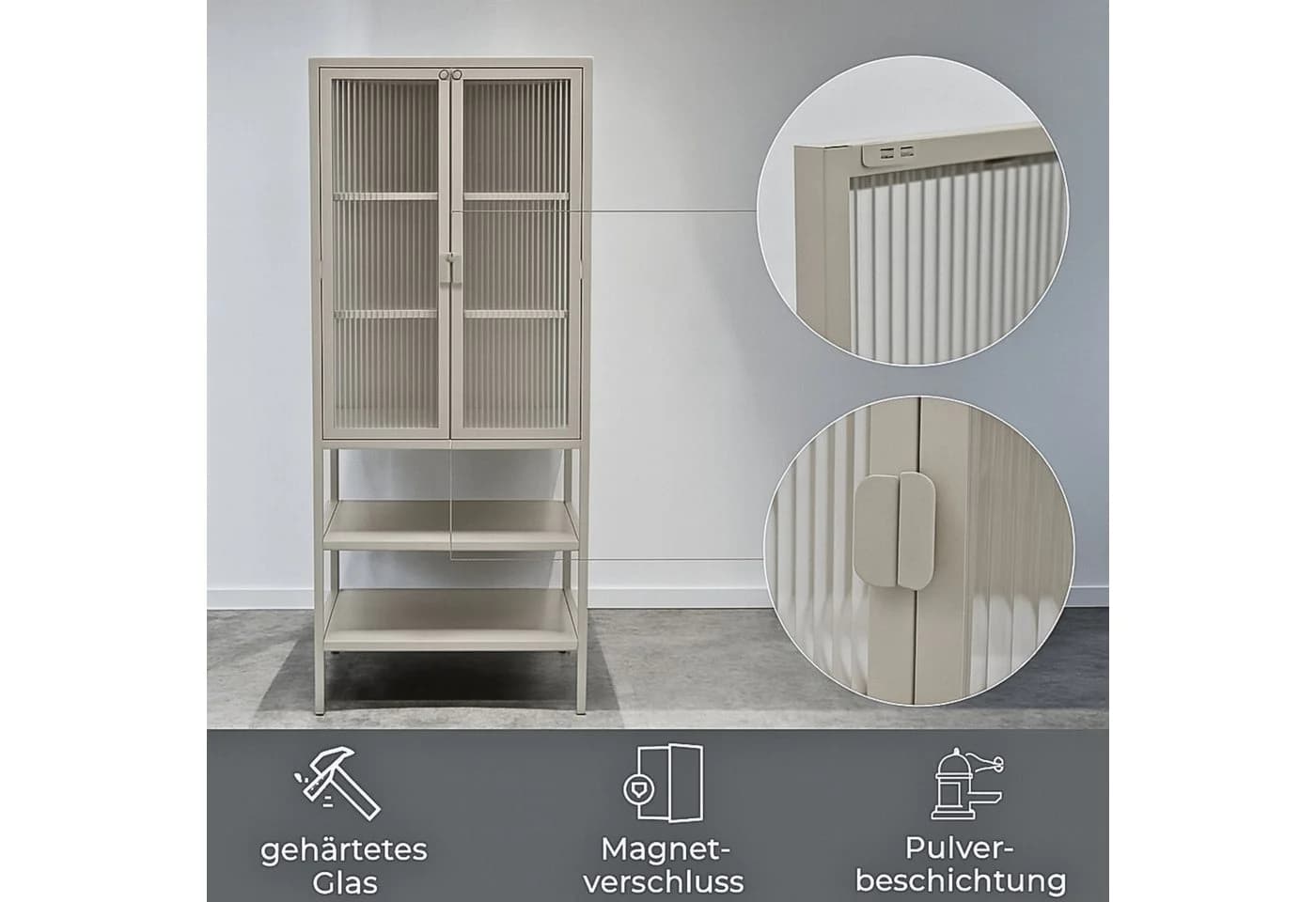 osoltus Vitrine Schrank Riffelglas Stahl Warm Grey Industrial - Bild 5