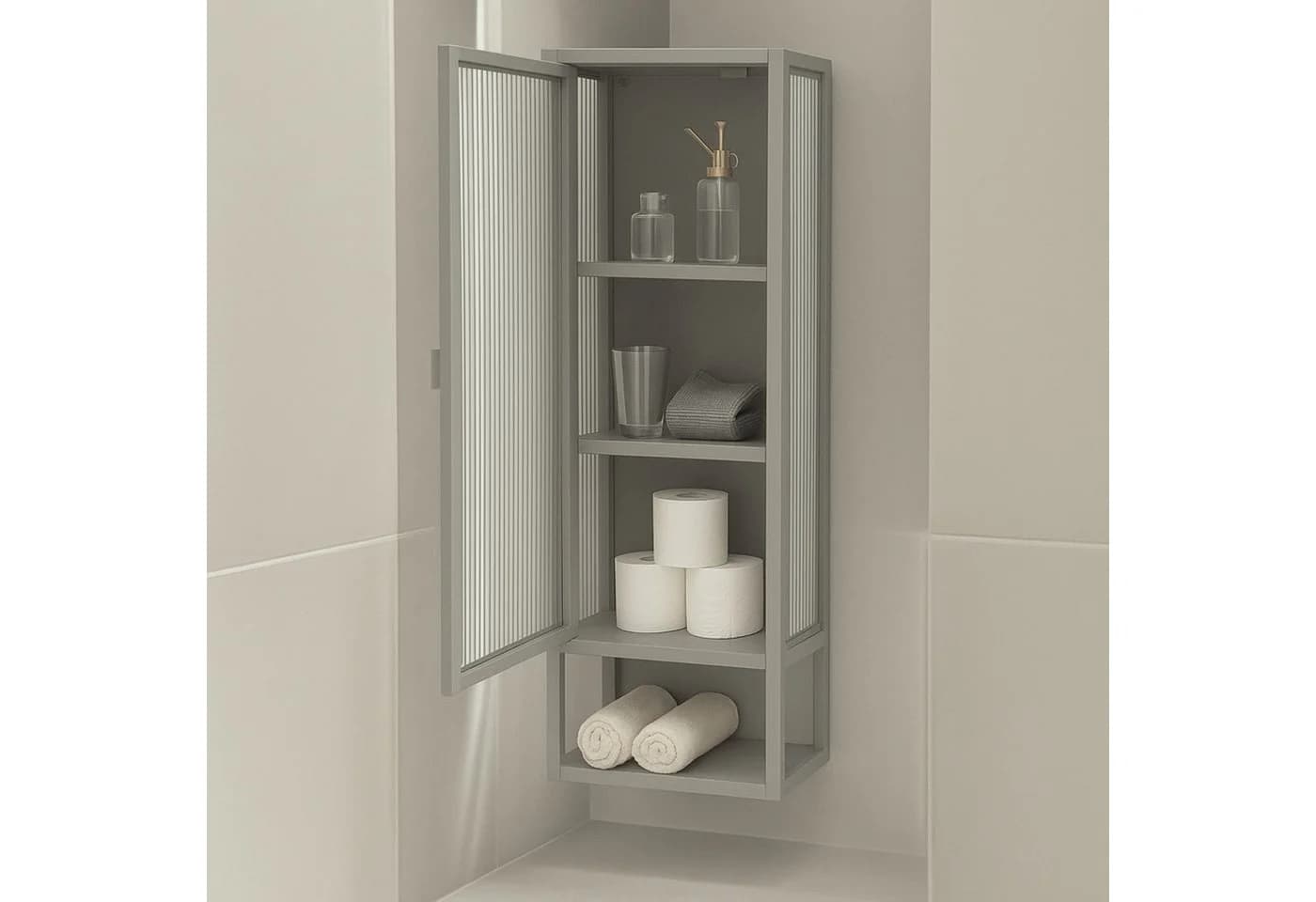 osoltus Wandschrank Riffelglas Stahl Regal cube Warm Grey Industrial