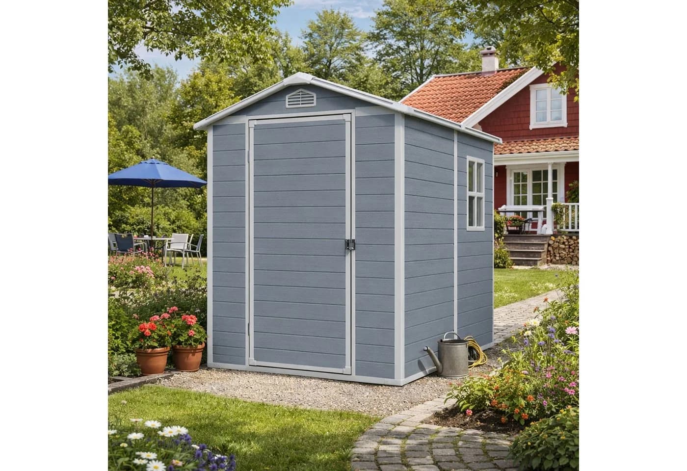 osoltus Lönneberga Gartenhaus Kunststoff Grau/Weiß Spitzdach