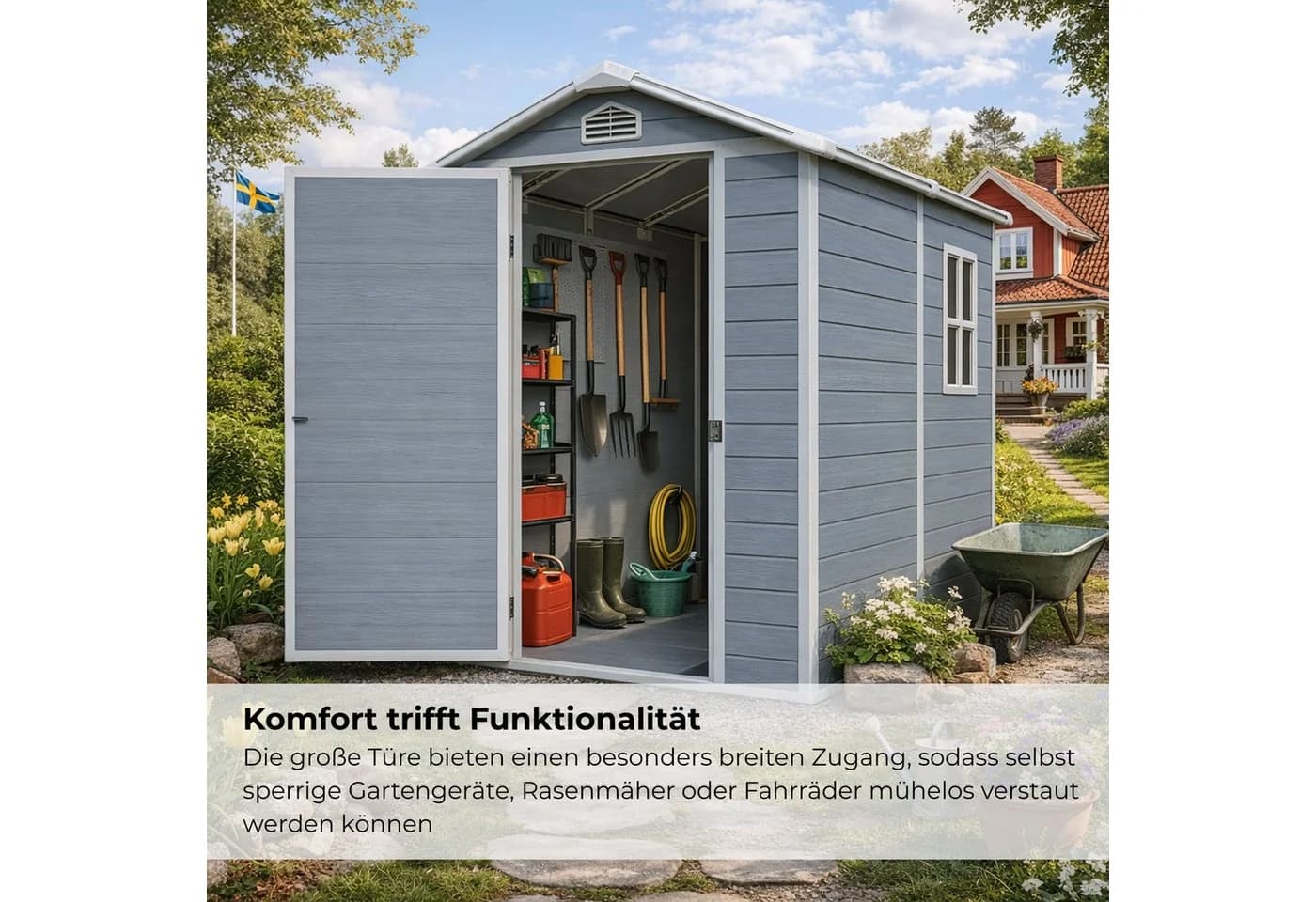 osoltus Lönneberga Gartenhaus Kunststoff Grau/Weiß Spitzdach - Bild 4
