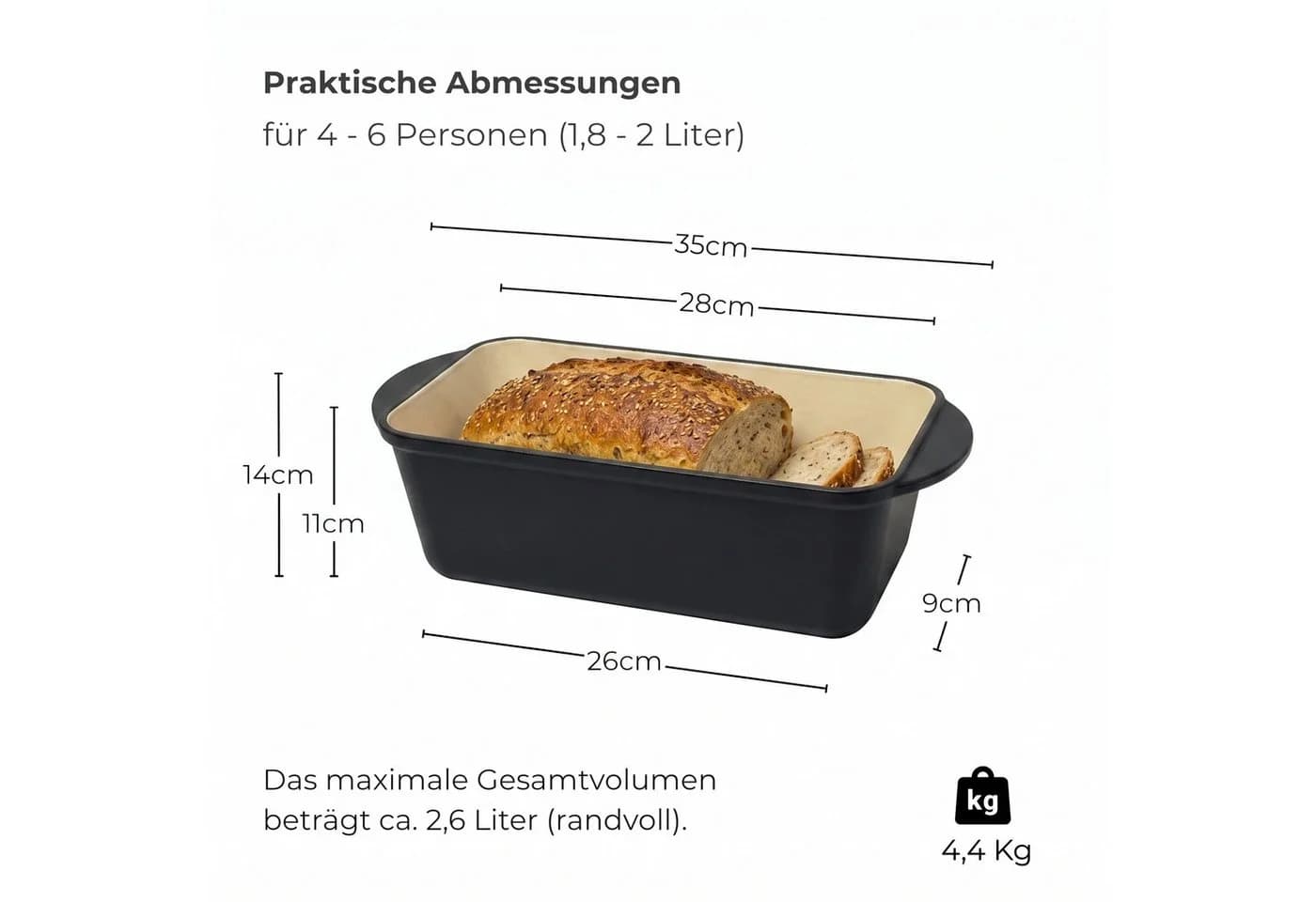 osoltus Brotback Kastenform Gusseisen Emaille 29cm 2,6L Schwarz - Bild 3