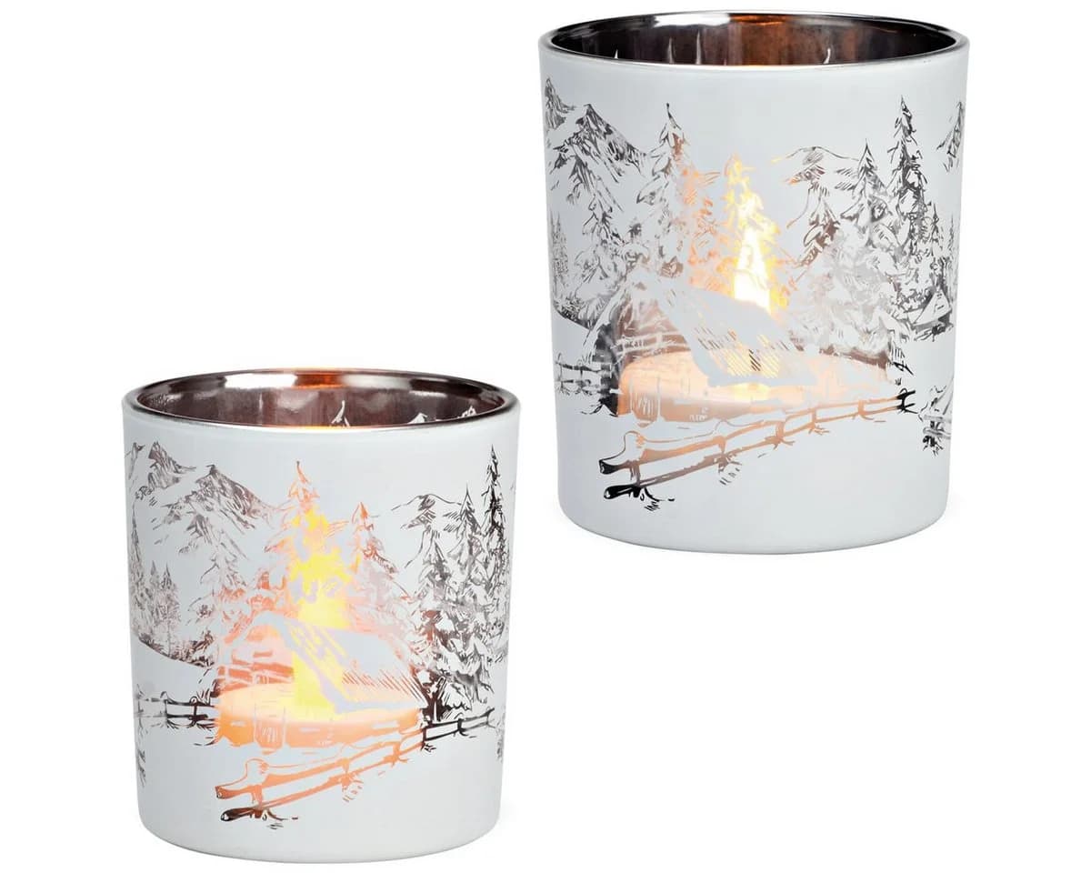matches21 HOME & HOBBY Teelichthalter Glas Winter-Wald Weiß Ø 9 x 10 cm