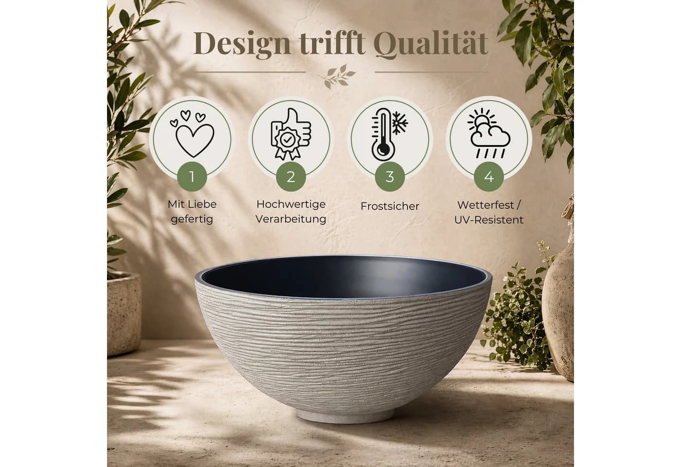 matches21 HOME & HOBBY Solar Brunnen Set mit Akku 45 cm Schale Sand