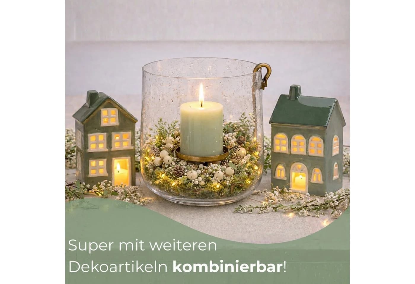 matches21 HOME & HOBBY Kerzenhalter Windlichter Häuser Set Grün/Weiß Keramik - Bild 3