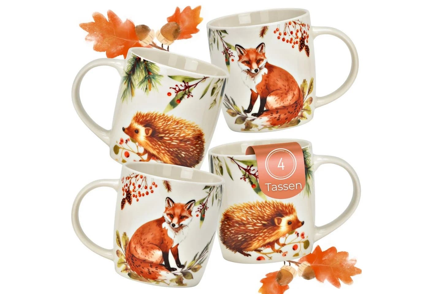 matches21 HOME & HOBBY Tassen 4er Set Herbst Fuchs & Igel Porzellan bunt - Bild 2