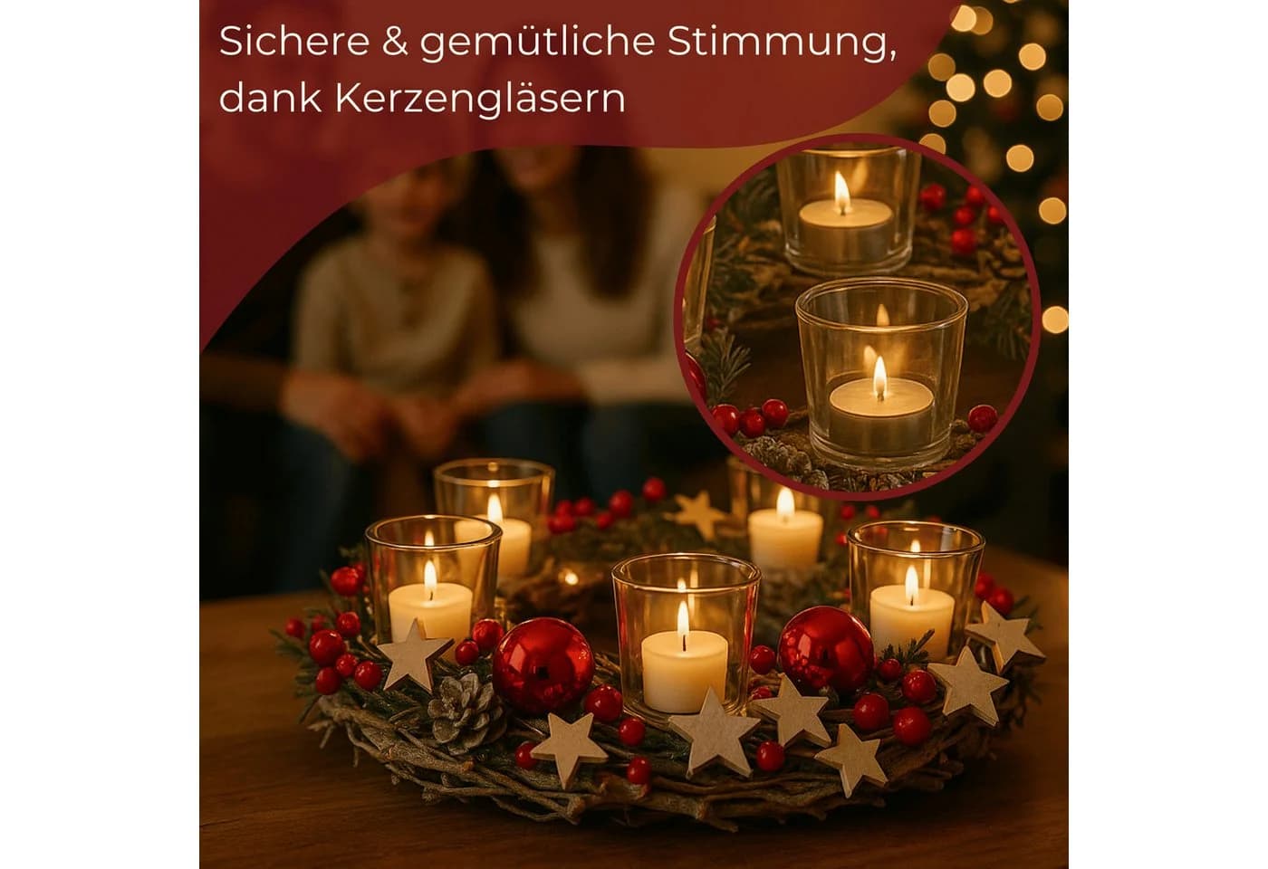 matches21 HOME & HOBBY Adventskranz Holz-Deko Teelichthalter rot - Bild 5