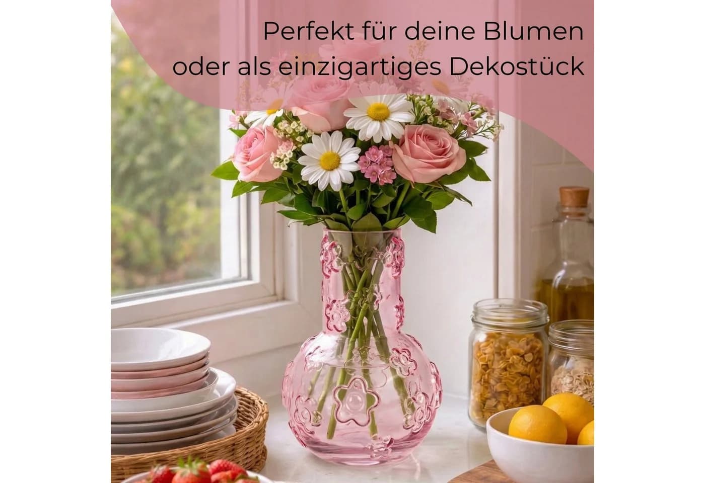 matches21 HOME & HOBBY Dekovase Blumenvase aus Glas in Rosa mit Blumen-Muster - Bild 4