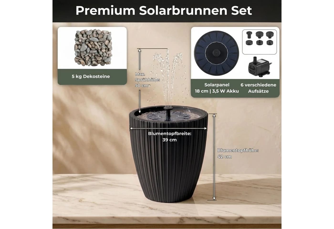 matches21 HOME & HOBBY Solar Springbrunnen Premium Set anthrazit mit Akku - Bild 3