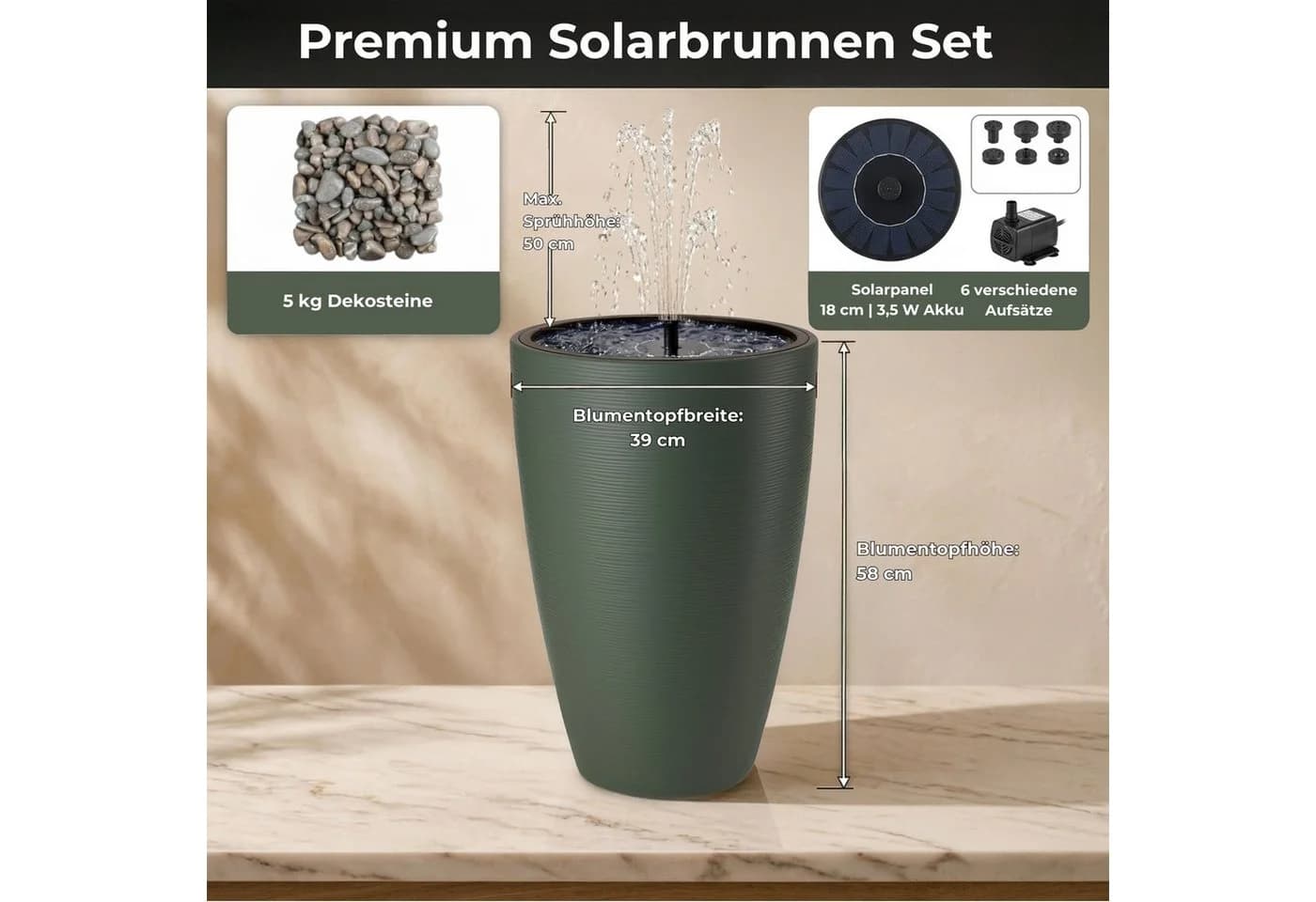matches21 HOME & HOBBY Solarbrunnen Set Teegrün mit LED & Akku - Bild 3