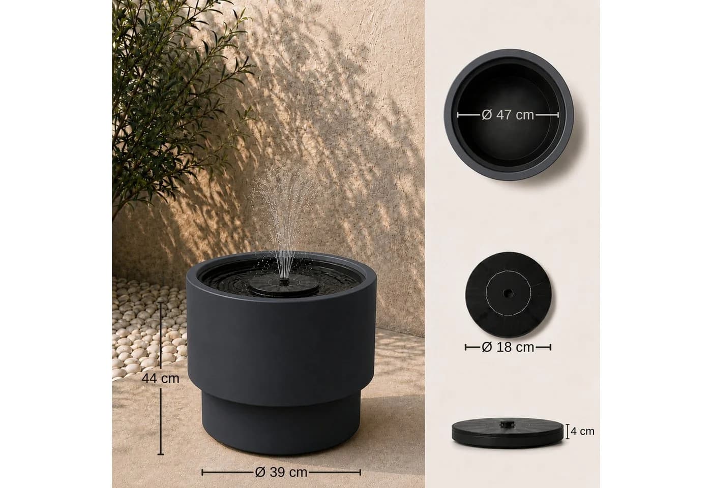 matches21 HOME & HOBBY Solarbrunnen-Set NIVO mit Akku, Ø 47 cm Schale, Anthrazit