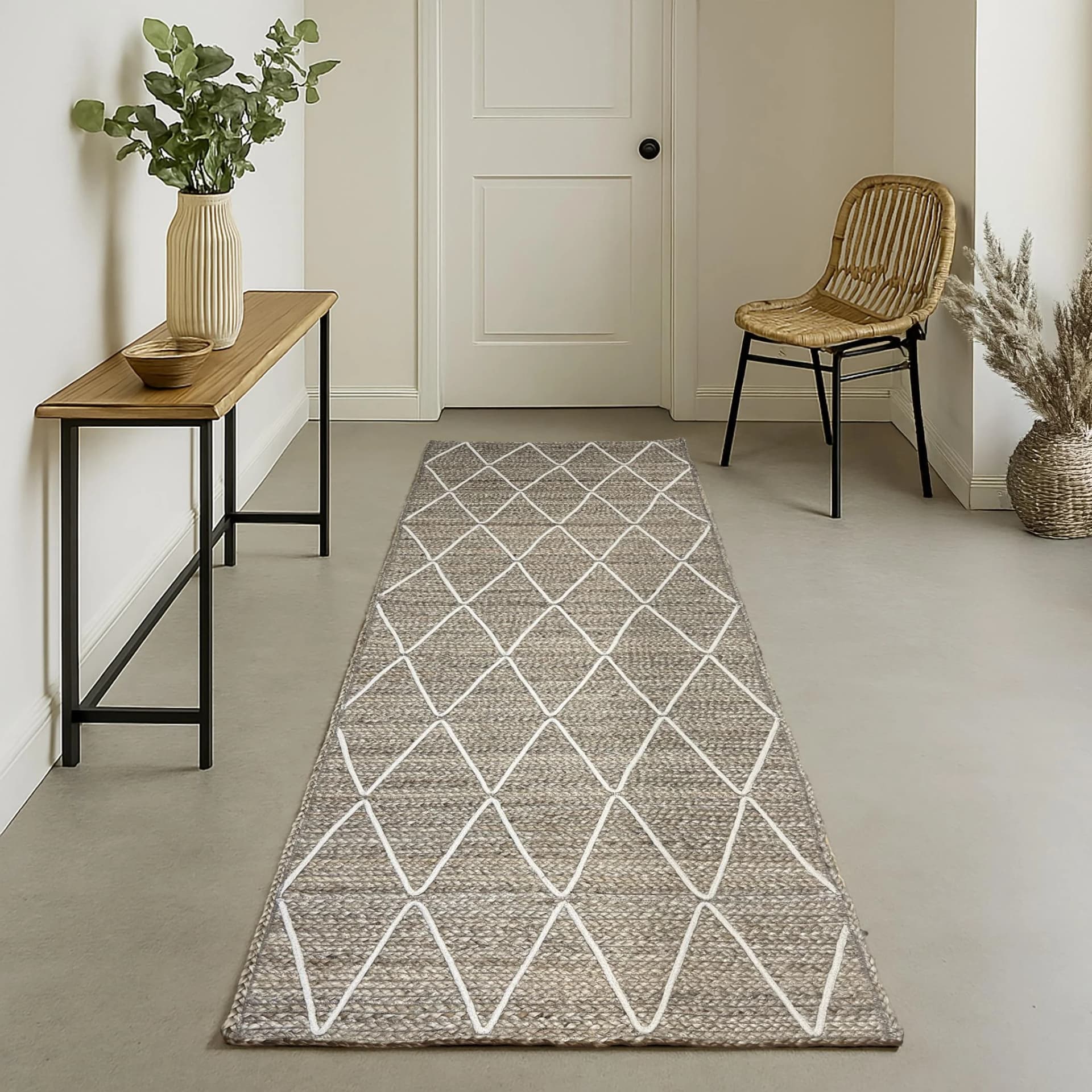 Skandinavischer Jute- und Baumwollteppich in Naturgrau, Beige, Weiß