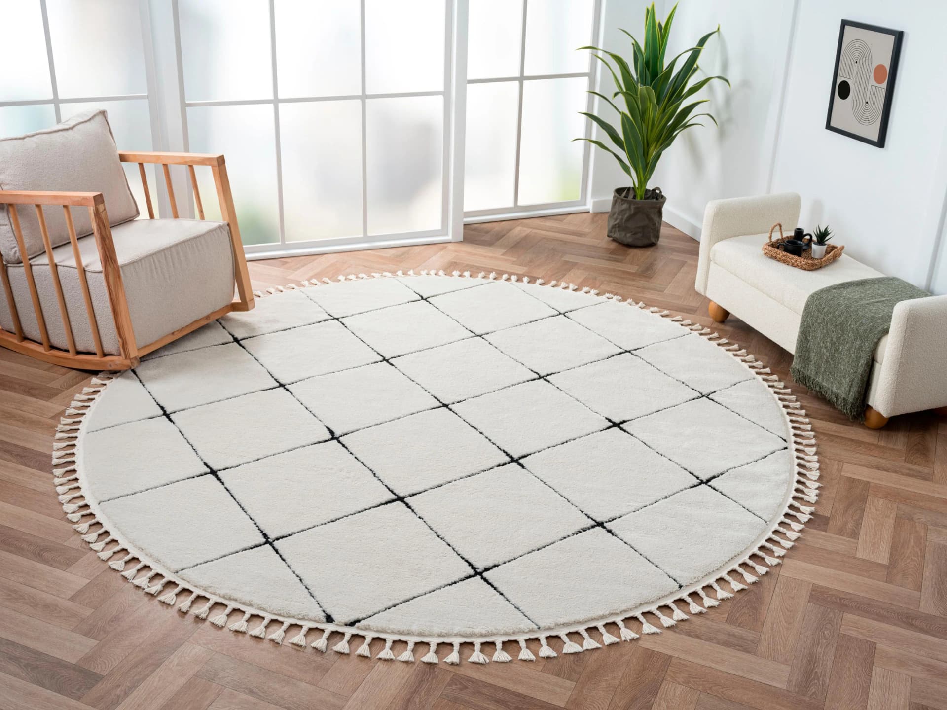 MyFlair Hochflor-Teppich Moroccan Square Schwarz-Weiß Rund